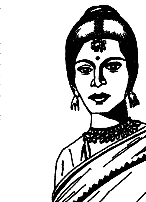 Line drawing of a South Asian woman in a sari with a bindi and elaborate necklaces, arms folded.