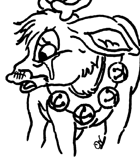 Line drawing of a downcast reindeer after surgery, its muzzle criss-crossed with stitches.