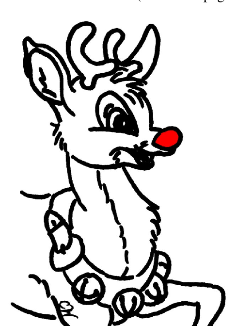 Line drawing of a cheerful reindeer with a large, round, glowing nose.