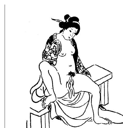 Nineteenth-century Japanese woodblock print of a reclining nude woman.