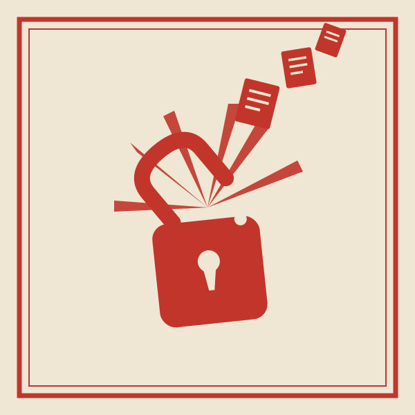 A padlock sprung open, pages breaking free