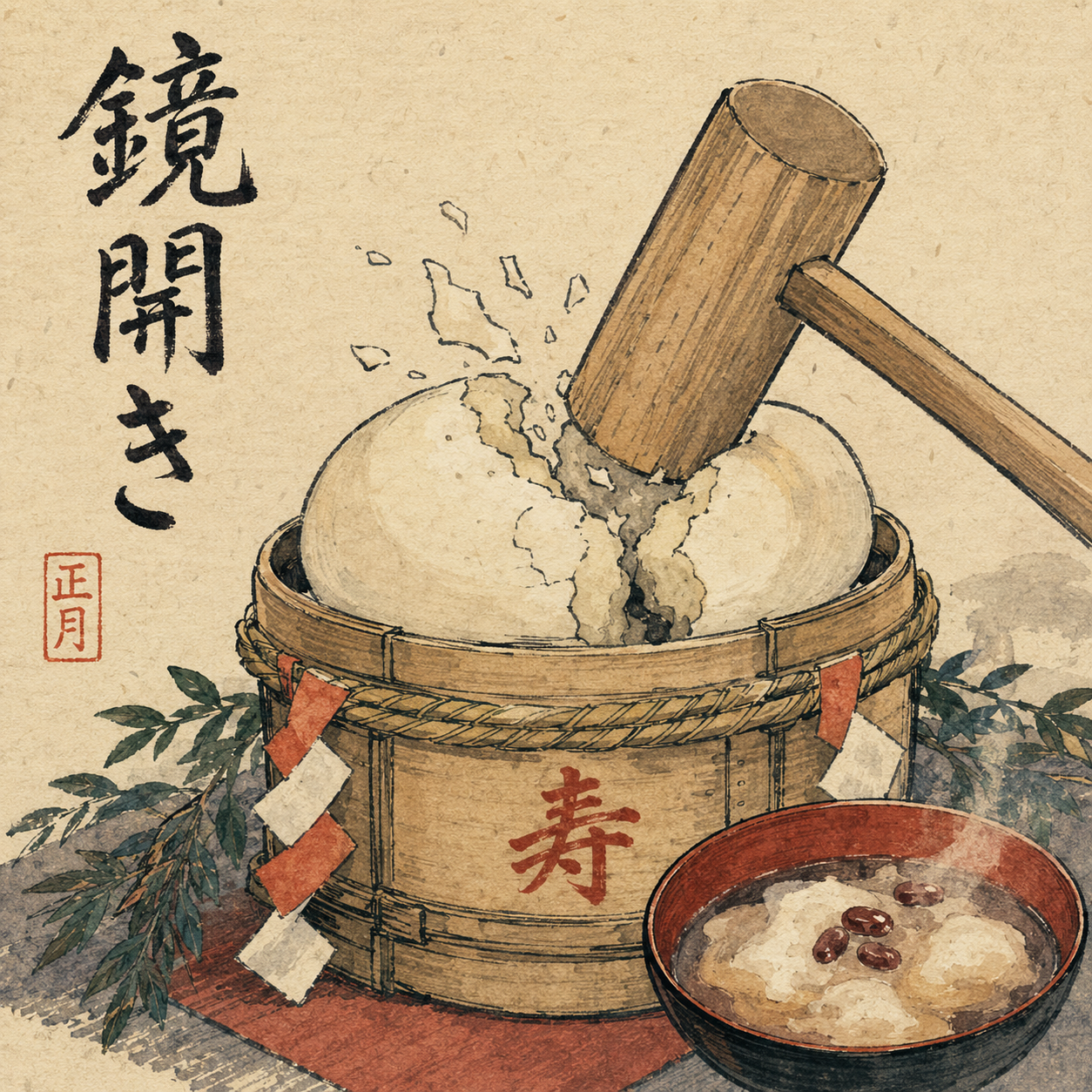 Ukiyo-e-style illustration of 鏡開き: a wooden mallet cracks a large round mochi set on a decorated wooden stand, with a bowl of sweet red-bean soup and mochi beside it.
