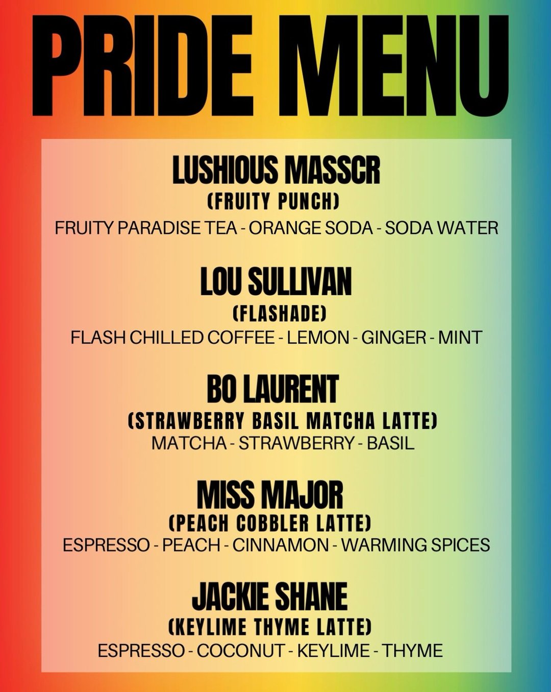 Vertex Pride Menu. Five specialty drinks, each named after an LGBTQ+ historical figure, including Bo Laurent.